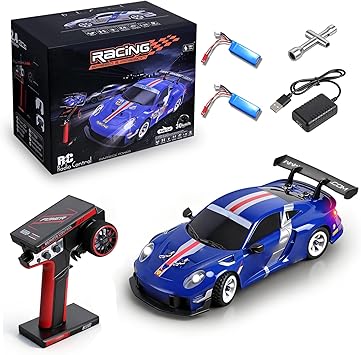 Wltoys 284019-A RC Drift Car, 128 Scale 4WD Rally RC Car, 2.4GHz, 30km/h, Dual Battery Edition, Independent Suspension, Gyro Stabilizer, LED Lights, Full Proportional Control Blue