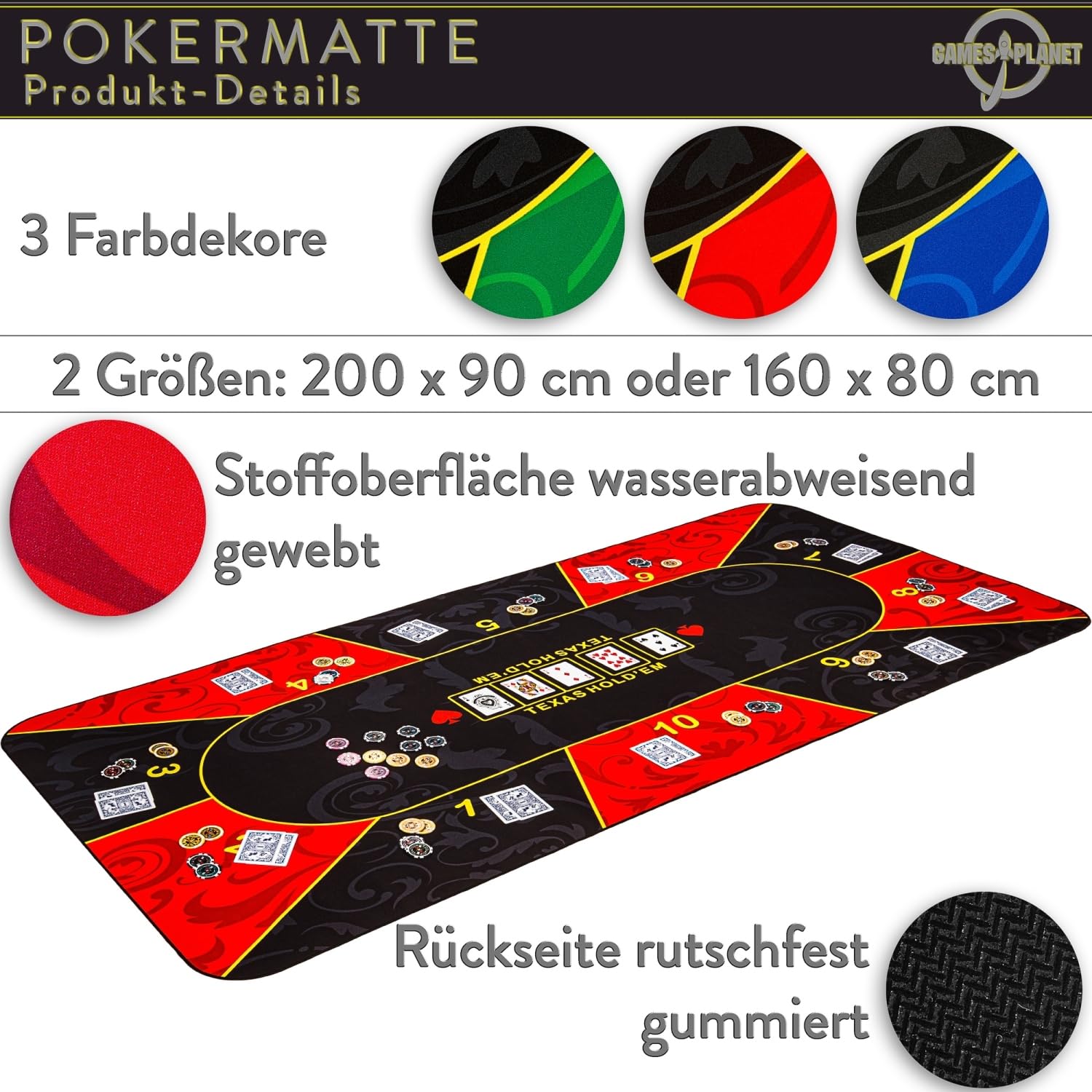 GAMES PLANET XXL Pokermatte, bis zu 10 Spieler, Maße 160x80 oder 200x90 cm, 3 Farben, inkl. Tragetasche, Unterseite Naturkautschuk, wasserabweisend