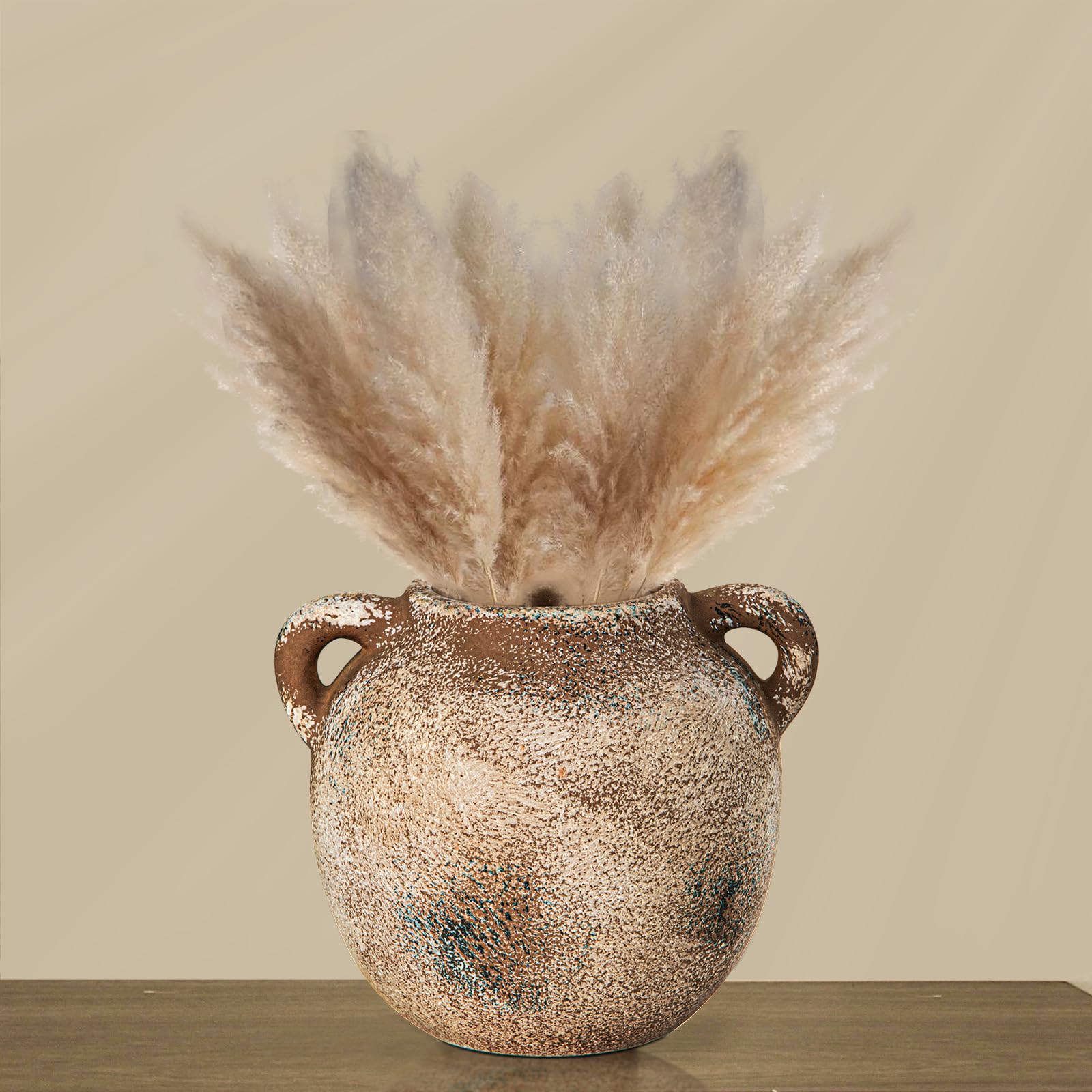 Jarrón rústico de cerámica para decoración del hogar, jarrones de terracota de 15 cm con asa, jarrón de granja de cerámica para salón, decoración de estanterías, decoración de mesa (pequeño)