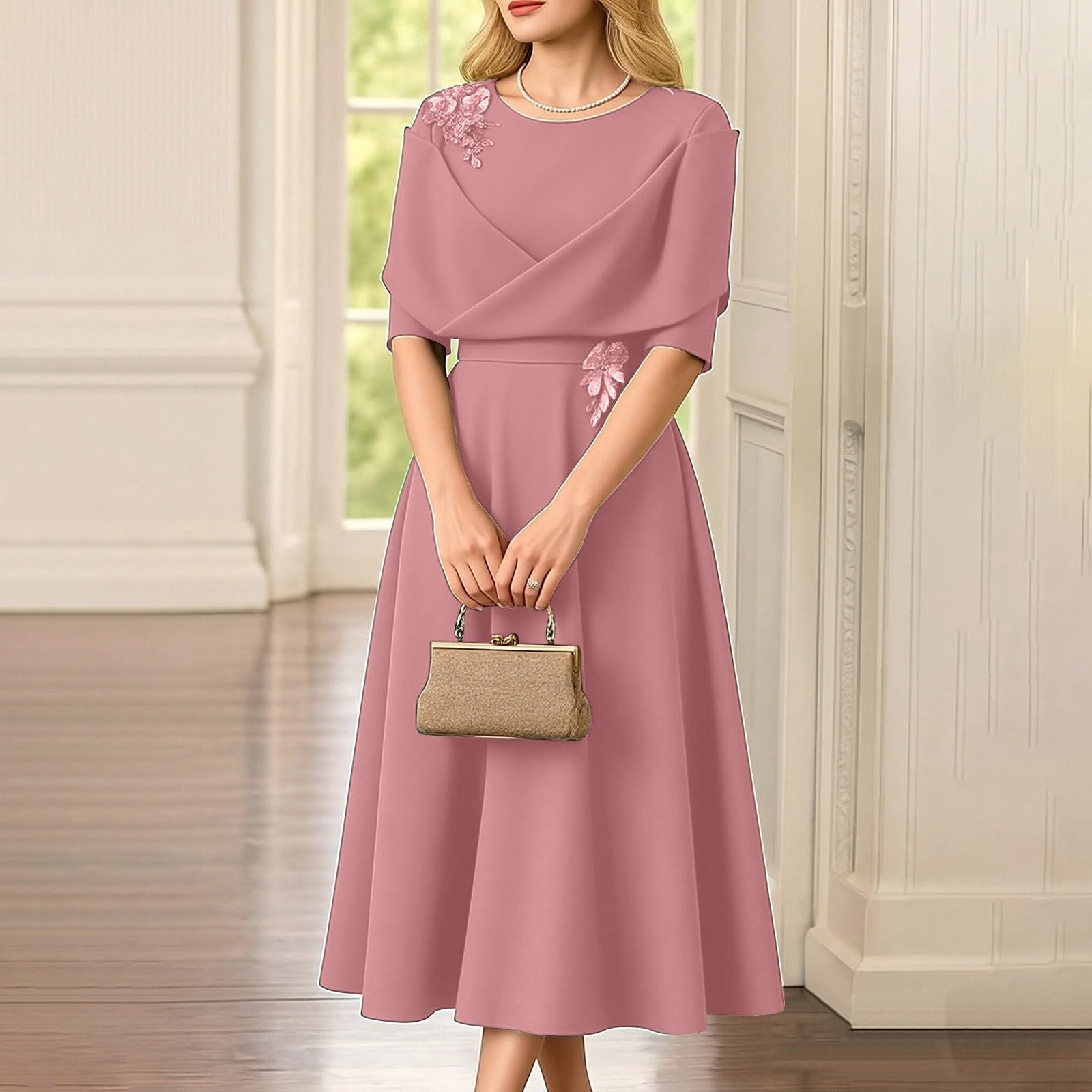 Elegancka dopasowana sukienka z krótkim rękawem - Panna Młoda / Pan Młody Midi :