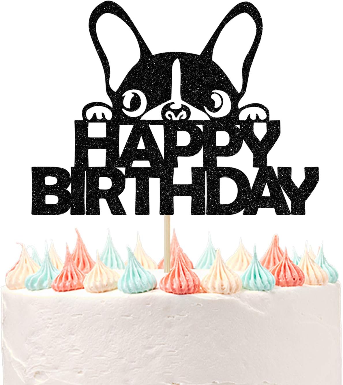 Happy Birthday Dog Cake Topper, Dog Birthday Theme Picks for Pet Party Decorations Supplies Black Glitter.