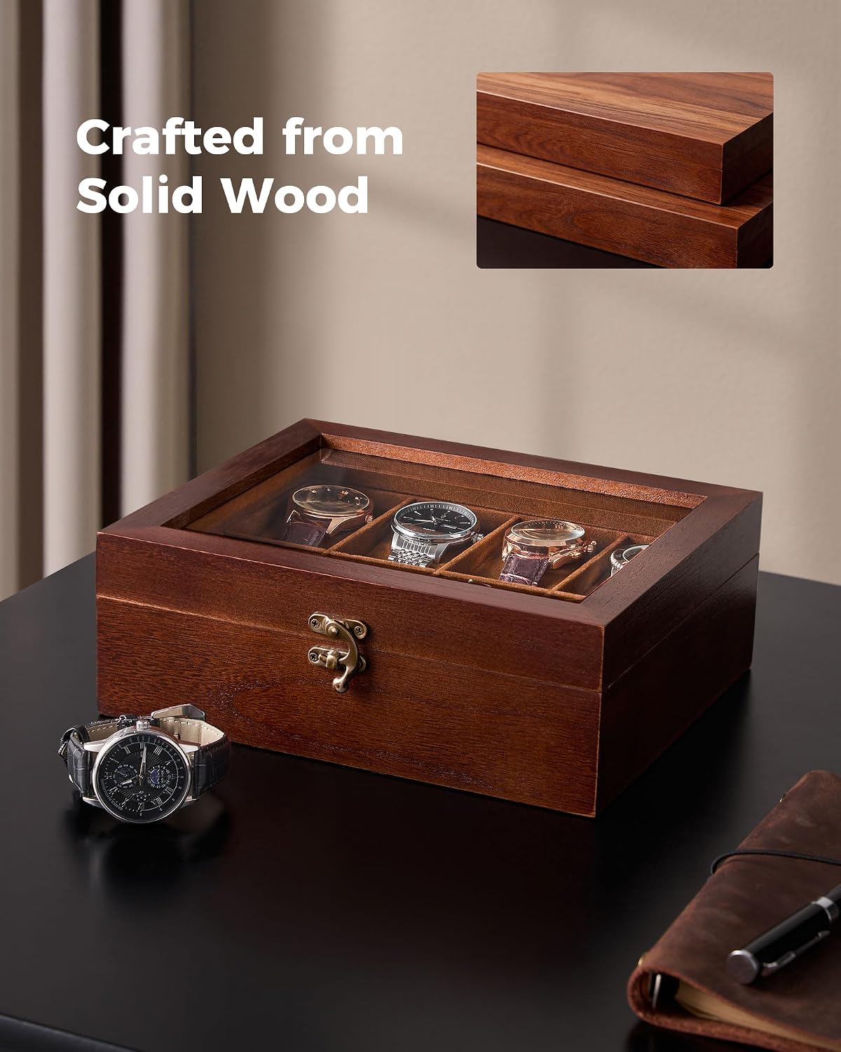 ProCase 8 Slot Wooden Watch Display Case With Glass Lid, Organizer