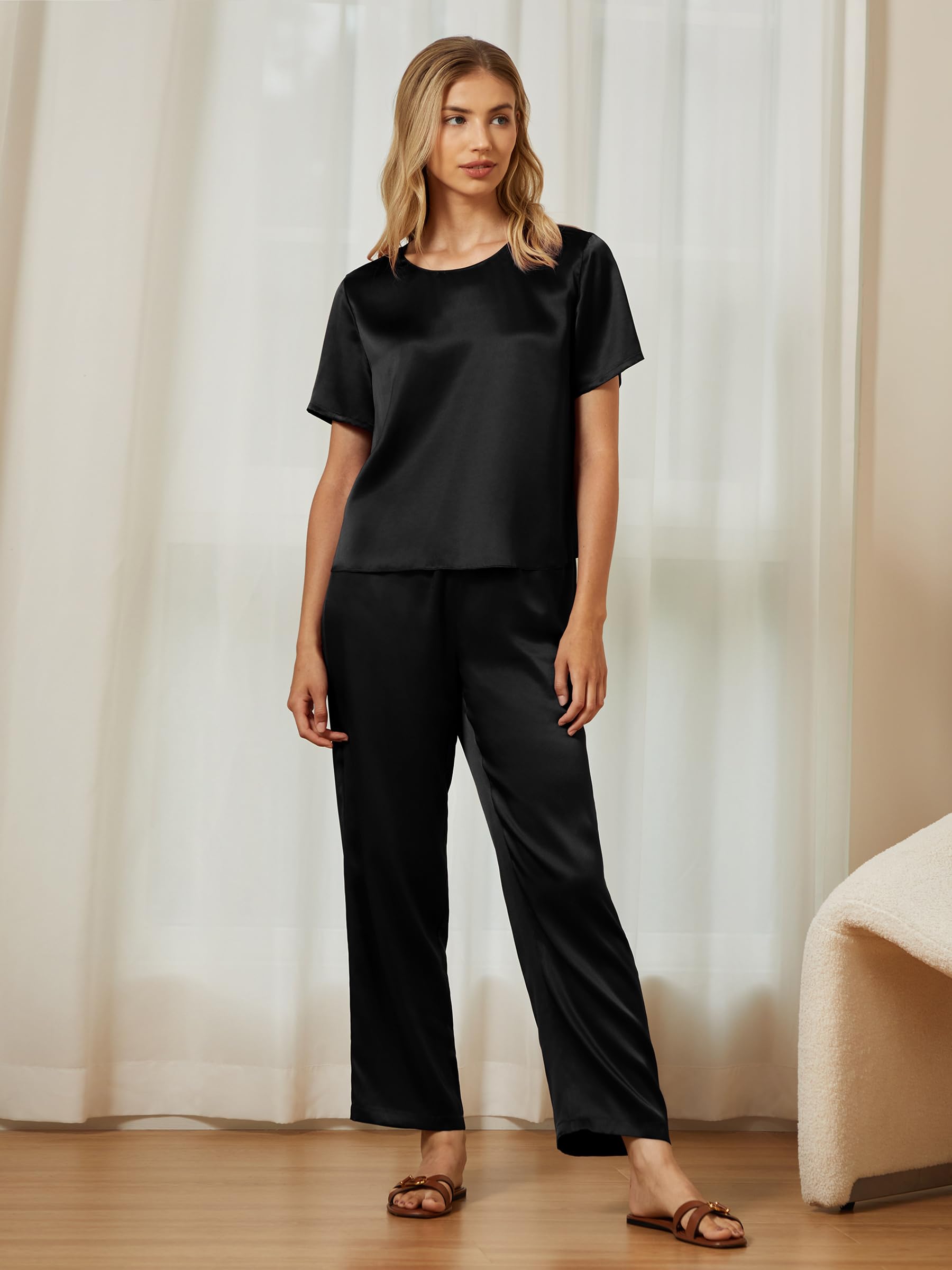Mommesilk Seidenpyjama für Damen Pullover Oberteil und Hose 2-teiliges Seiden-Pyjama-Set waschbare Seiden-Nachtwäsche Loungewear