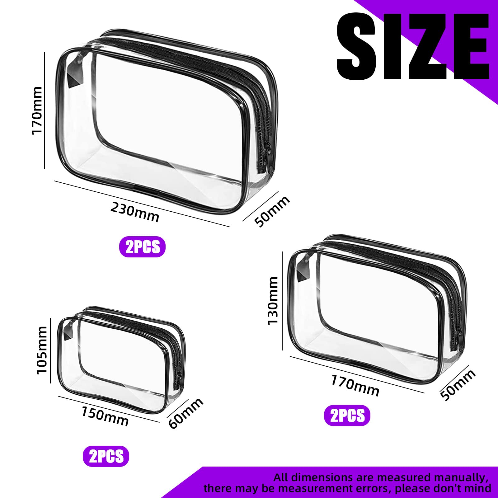 Swpeet 6Pcs 3 Sizes Clear Toiletry Bag Makeup Bags Waterproof Cosmetic Set - Image 2