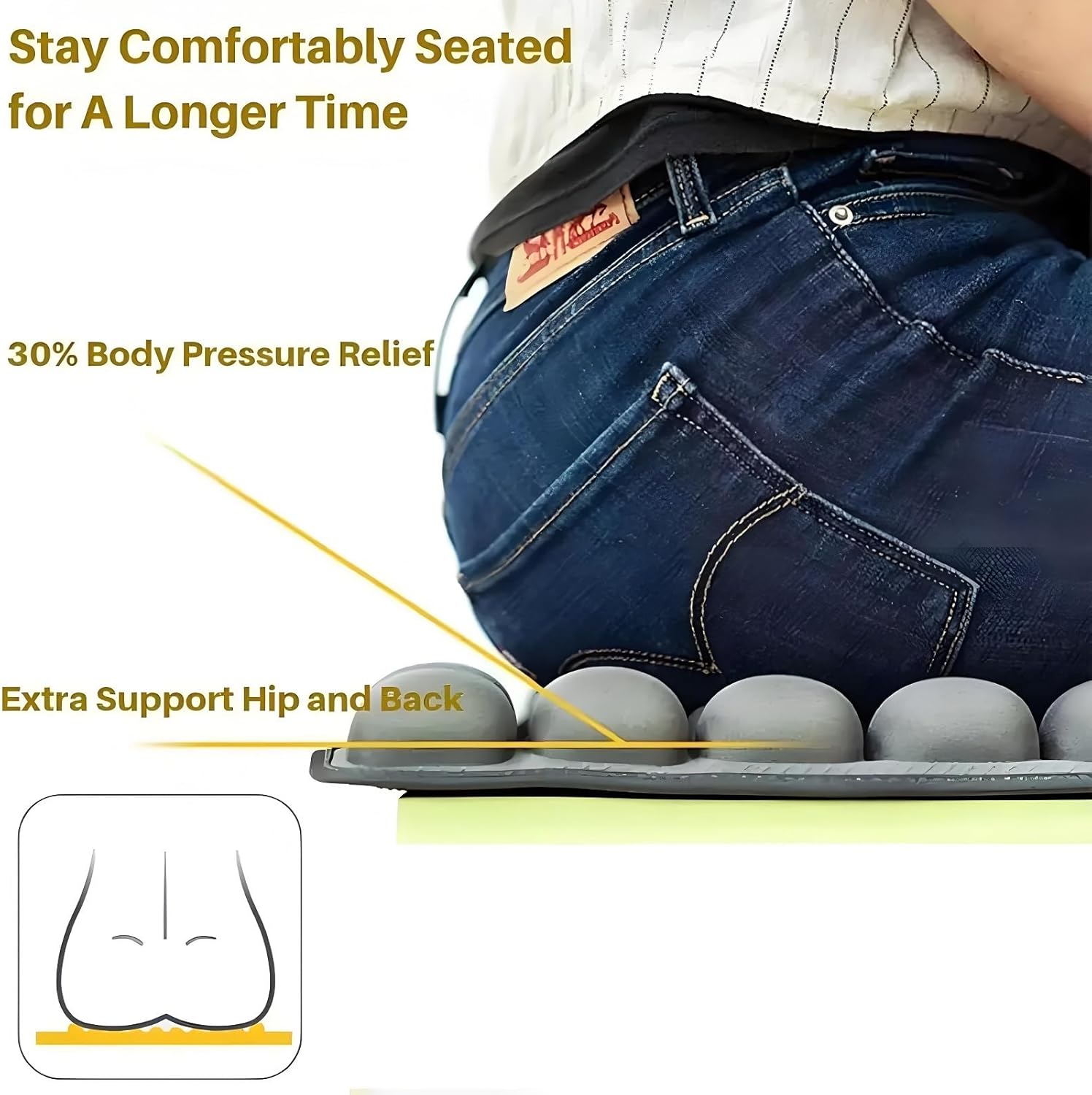Person sitting on the Sondur Travel Cushion, illustrating pressure relief and support for hips and back.
