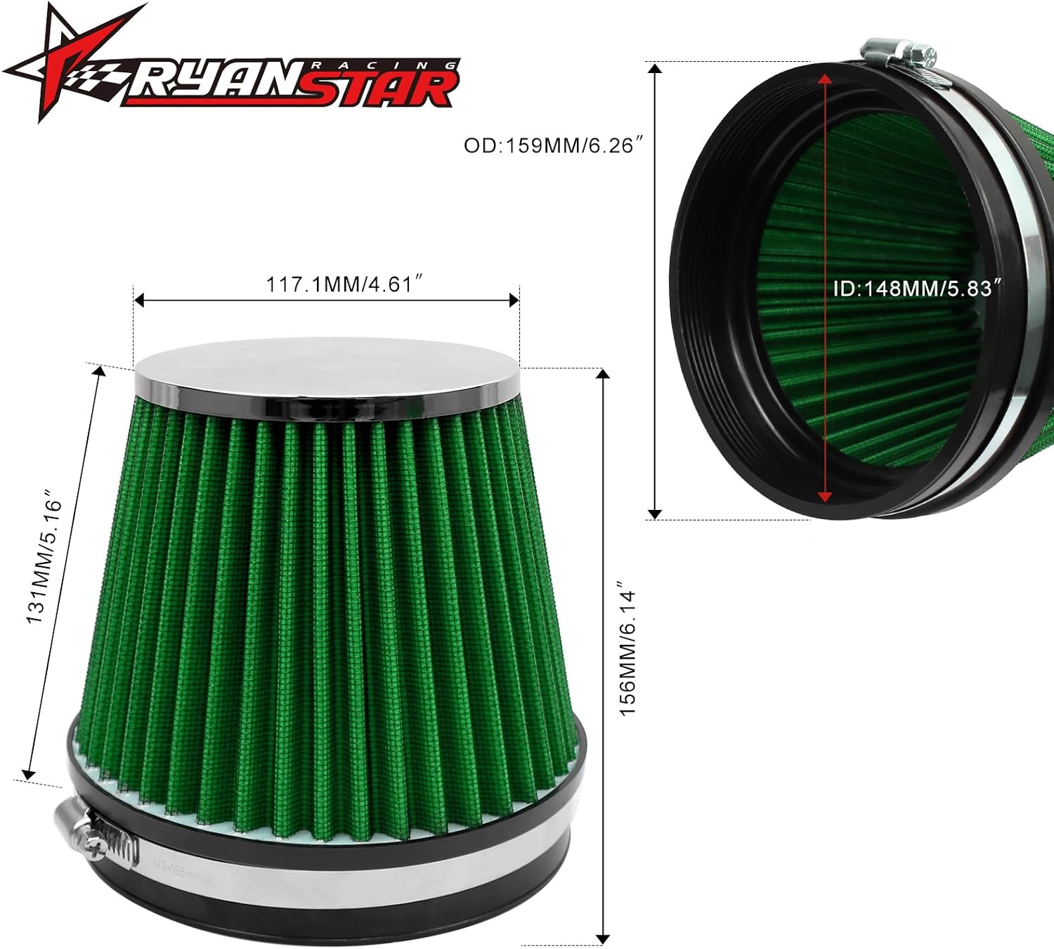 RYANSTAR RACING 152mm 6" High Flow Round Tapered Cone Closed-Top Washable Clamp-On Dry Air Filter short 155mm tall Green