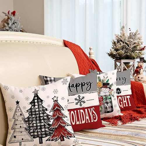 Miniatura 3 de G415-18 - Juego de 4 fundas de almohada de Navidad de 18 x 18 pulgadas, con diseño de árboles de Navidad, tarros de masón, rayas, decorativas, casa