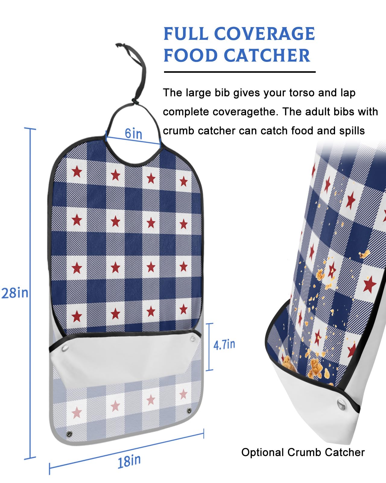 4th of July Adult Bibs for Eating, Waterproof Bibs with Food Catcher & Adjustable Snap Closure, Independence Day Blue White Plaid Red Star Washable Clothing Protectors Adult Bibs for Elderly Women/Men