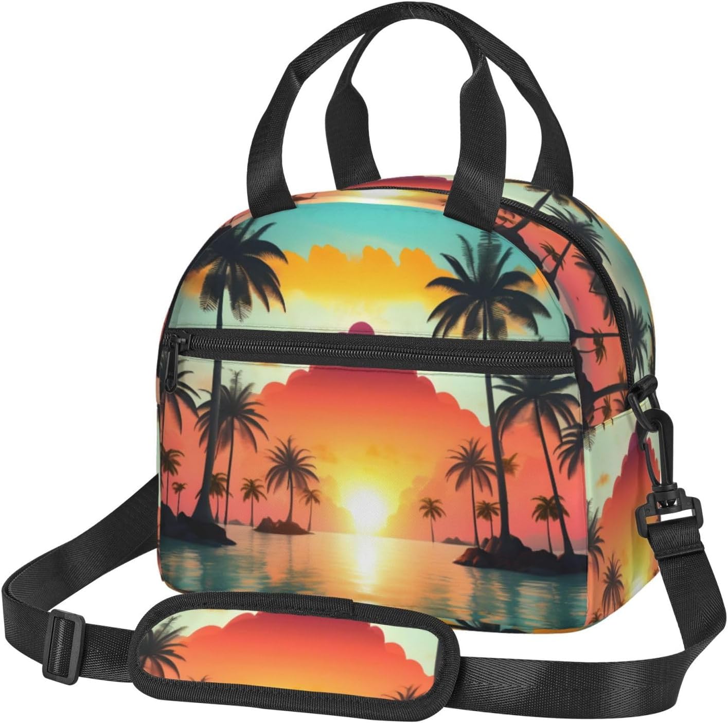Sunrise Tropical Palm Tree Island Print Lunch Bags For Women,Leakproof Insulated Lunch Box, Adjustable Shoulder Strap For Work Picnic