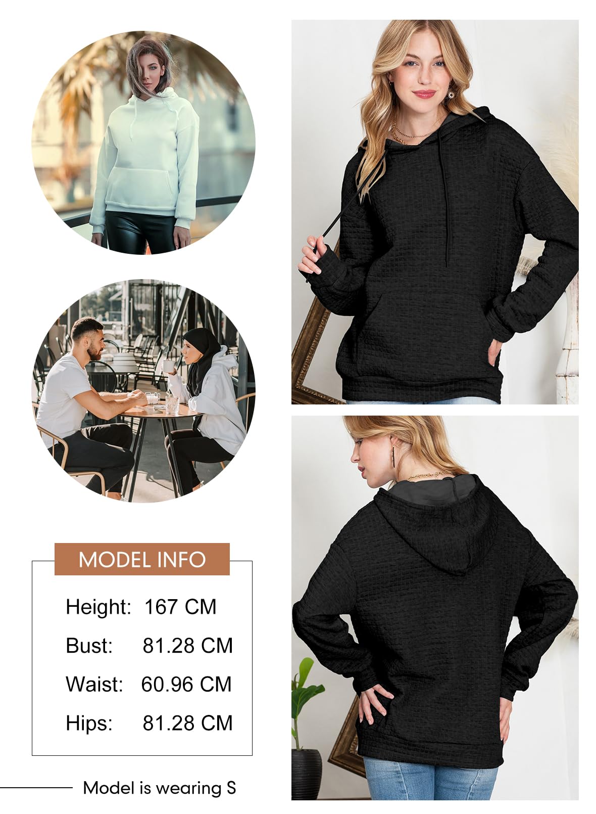 Dokotoo Kapuzenpullover Damen Hoodie Waffel Pullover mit Taschen Kordelzug Sweatshirt Einfarbig Langarmshirt Lässig Oberteile S-XXL
