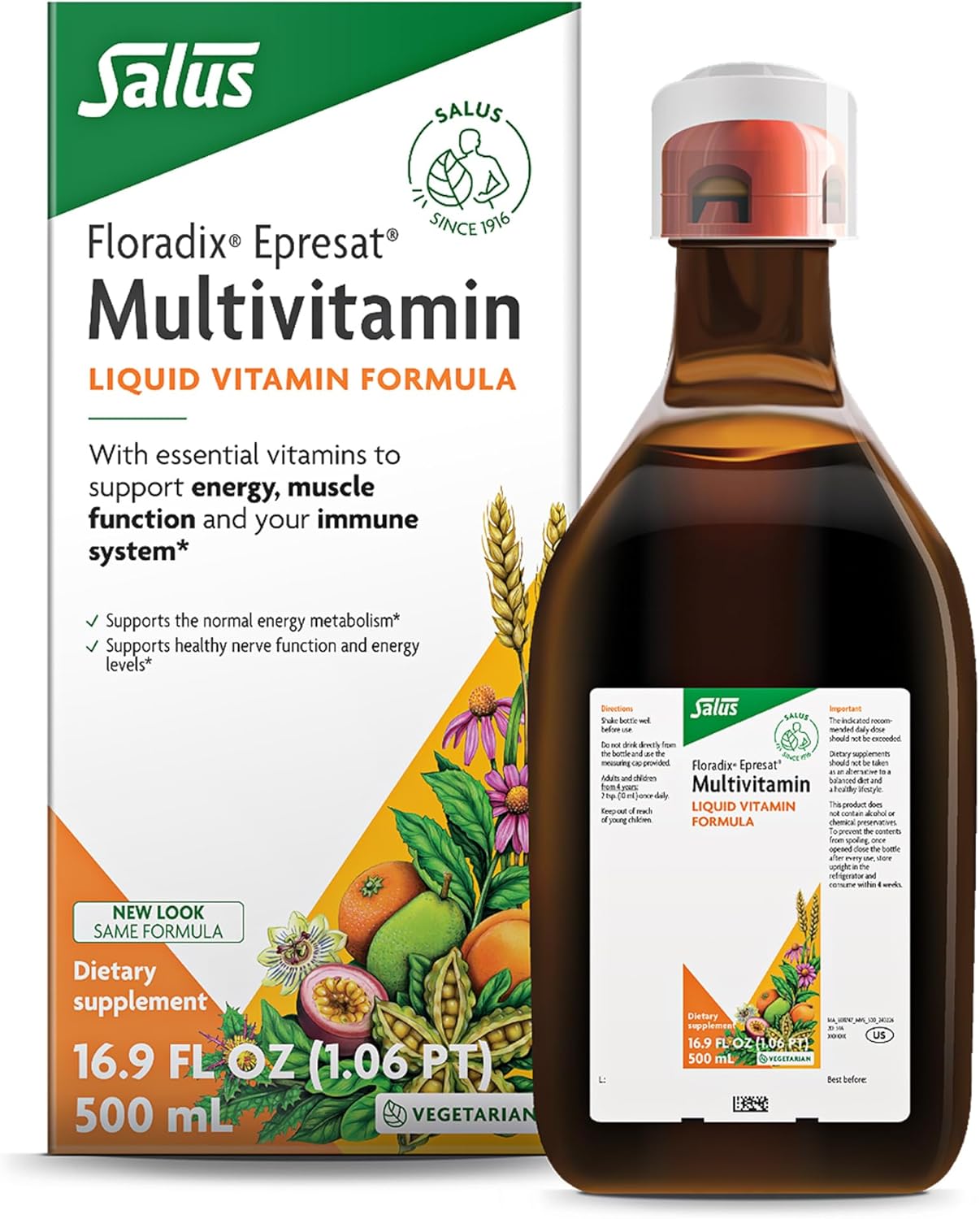 Floradix Epresat Adult Liquid Multivitamin - Herbal Supplement - Daily Supplement with Vitamin A, D, B6, Milk Thistle & More - Supports Energy & Liver Health - Vegetarian, Non-GMO - 16.9 fl oz