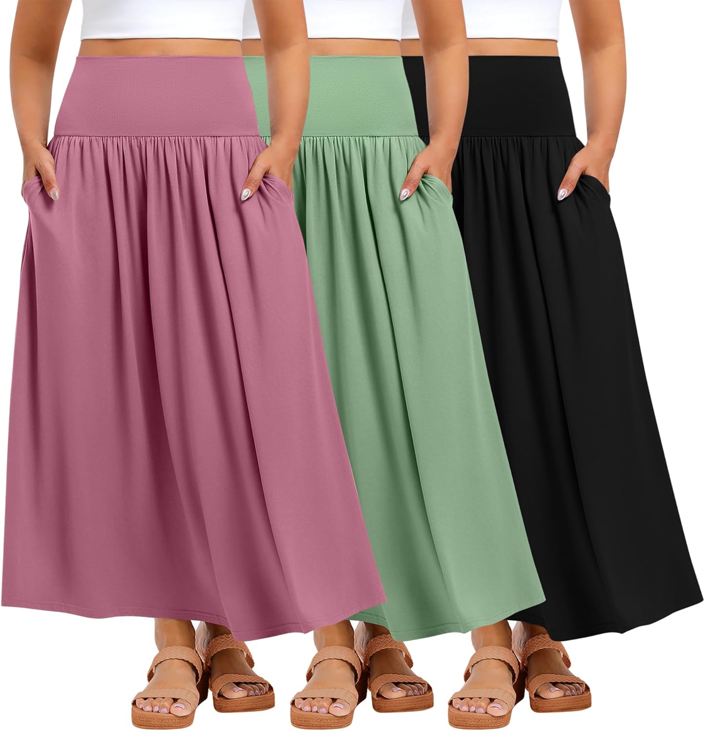 Ficerd 3 Pack Plus Size Maxi Long Skirts for Curvy Women, Ankle Length a Line Pleated High Waisted Summer Skirts with Pocket