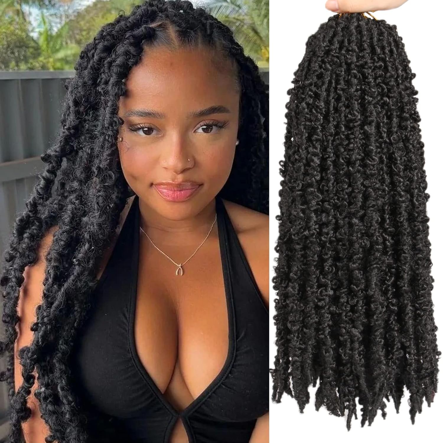 Leeven 20 Inch Butterfly Locs Crochet Hair Natural Black 6 Packs Distressed Locs Crochet Braids Hair Pre-looped Synthetic Messy Butterfly Crochet Faux Locs Hair Extensions 1B#