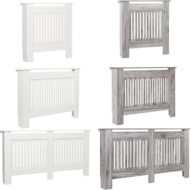 Radiator Cover Grey Modern MDF Vertical Slats Wooden Top Cabinet for Living Room Bedroom Hallway, Medium