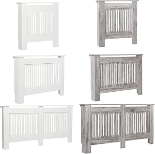Radiator Cover Grey Modern MDF Vertical Slats Wooden Top Cabinet for Living Room Bedroom Hallway, Large