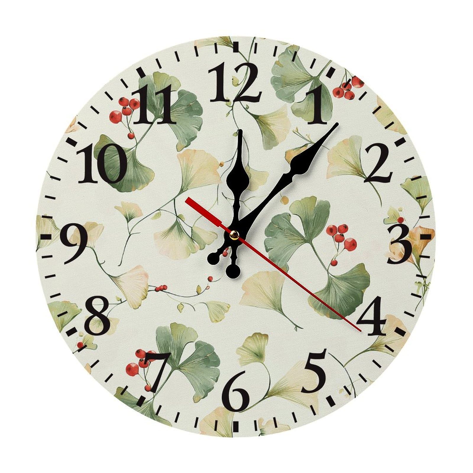 QMNLKH Ginkgo Leaves and Berries Wall Clock for Home, Battery Operated Clock for Hotel, Round Wall Clock with Arabic Numerals Black, Easy to Read, Non-Ticking Clocks for Living Room 25 * 25cm
