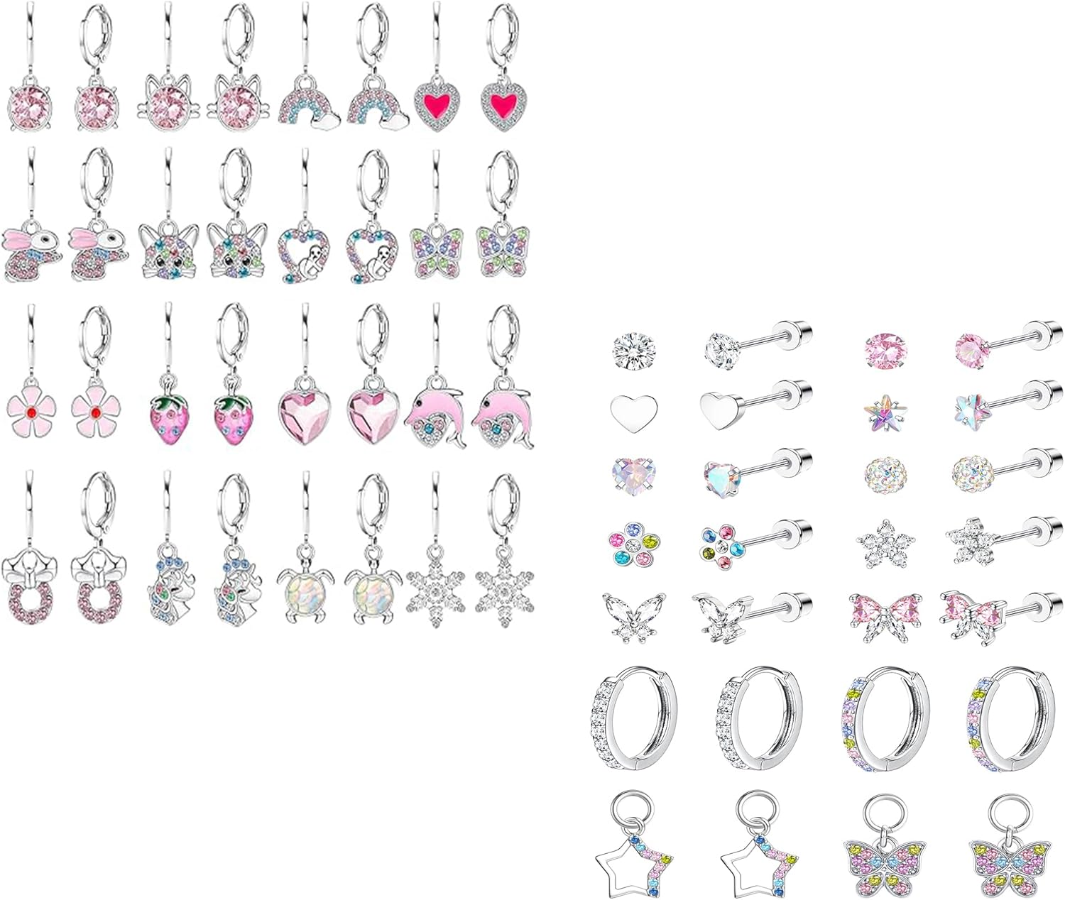 BESTEEL Earrings for Girls Women Sensitive Ears Cute Hypoallergenic Surgical Steel Stud Dangle Huggie Hoop Earings Set with Charm CZ Flower Heart Animal Christmas Gifts 20G