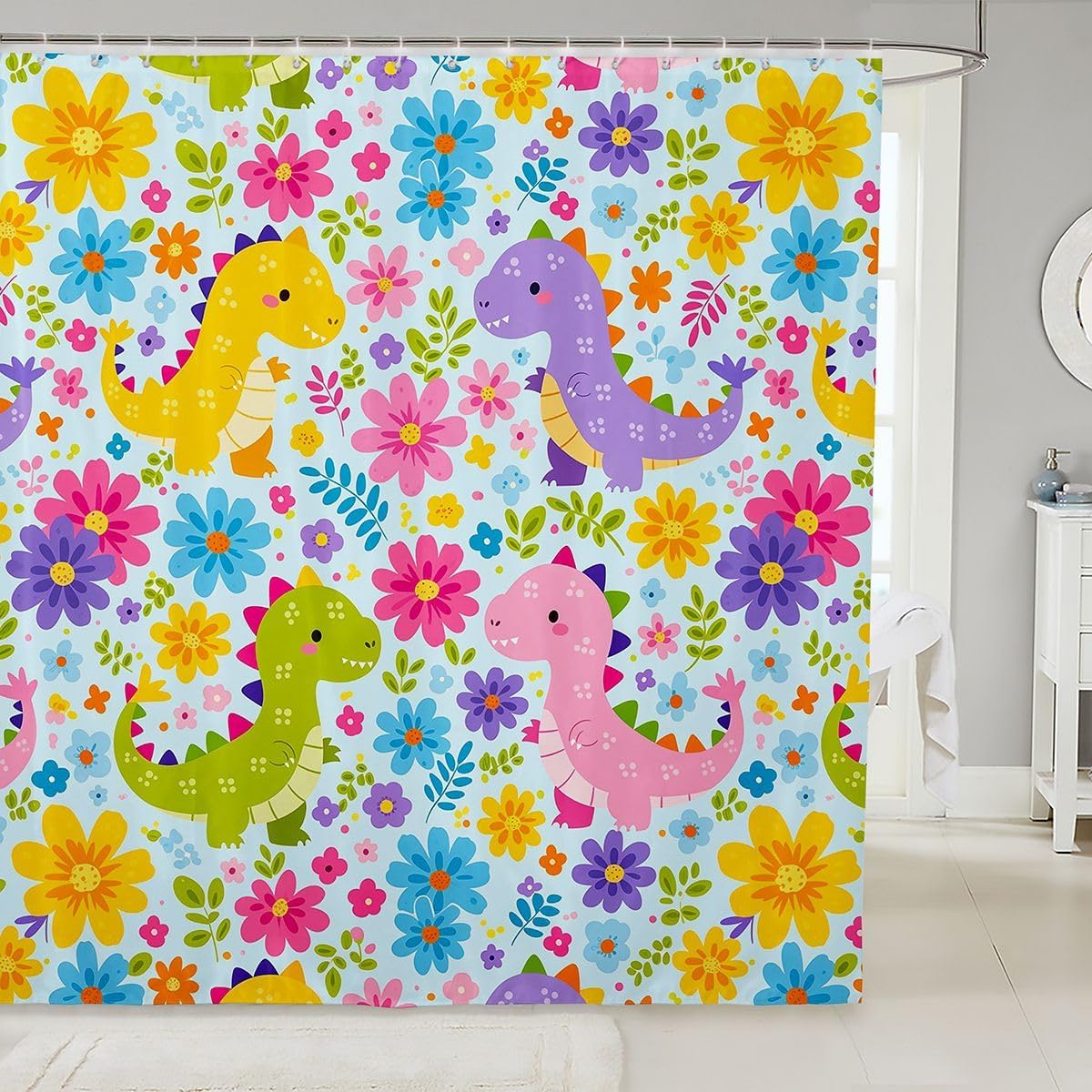 Feelyou Cute Dinosaur Shower Curtain for Bathroom Decor Jungle Animals Bath Curtain Cartoon Dino Bathroom Accessories Waterproof Polyester Fabric for Stalls Bathtubs 72"x78" image 4