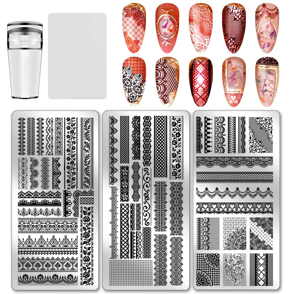 PH PandaHall 3pcs Lace Trim Nail Stamping Plates Flower Lace Nail Art Templates Retro Texture Manicure Stamper French Tip Nails Image Plates for Women DIY Manicures Salon Design Printing