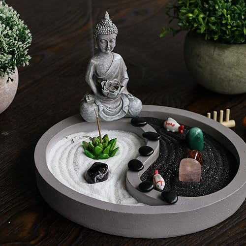 Miniatura 2 de Mini kit de jardín zen para escritorio, Yin Yang Crystal Sand Rock Garden con rastrillo zen de Buda, piedras curativas, arena blanca, juego de
