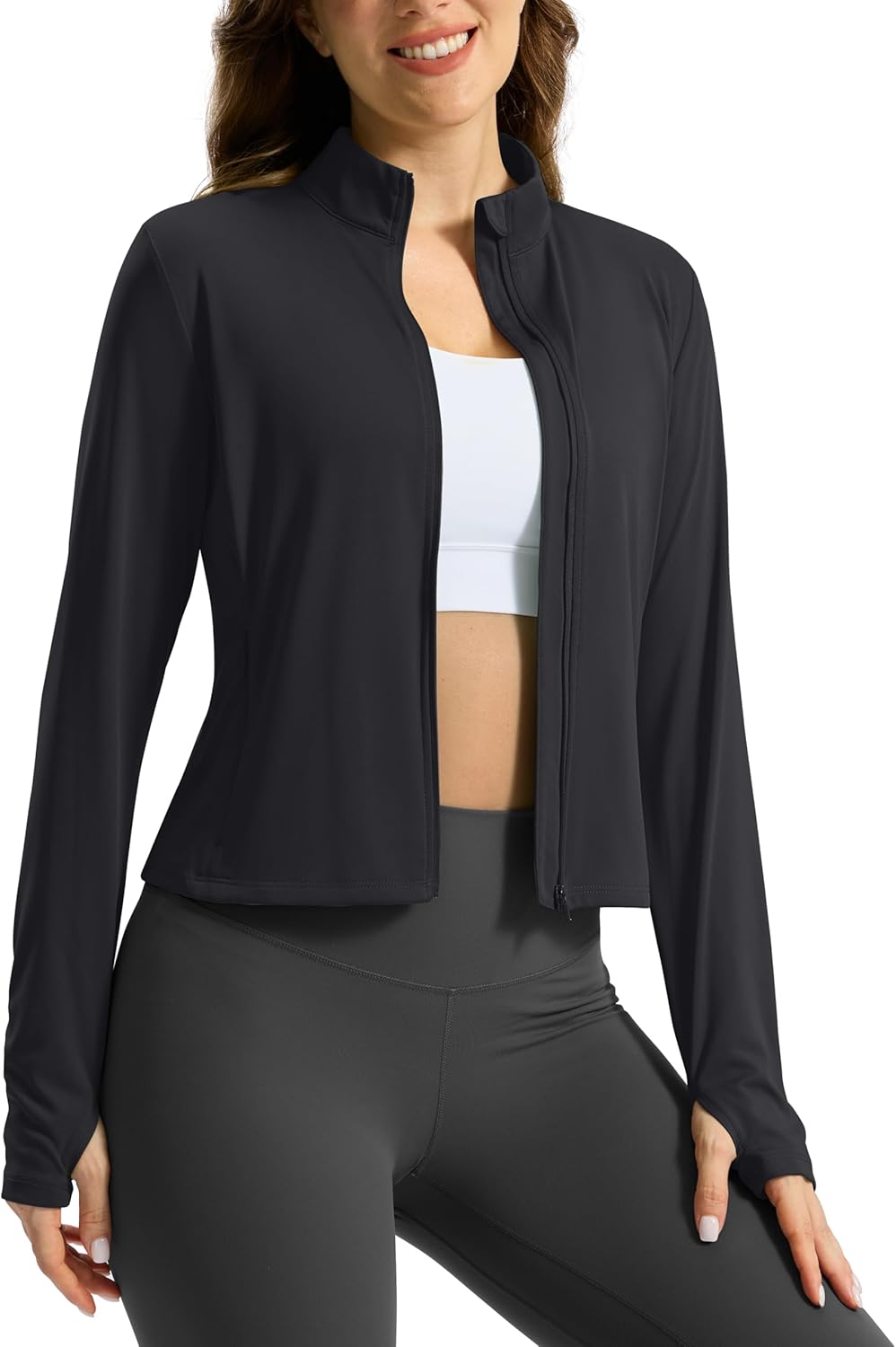 Soothfeel Women's UPF 50+ Sun Protection Athletic Jacket Lightweight Crop Zip Up Long Sleeve SPF Shirts Hiking Workout Pocket
