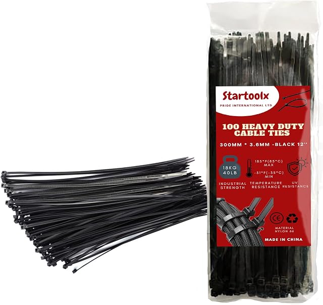Startoolx 300mm×3.6mm, Pack of 100, 12 Premium Black Nylon Cable Ties, Heavy Duty Strong Plastic Tie Wraps for Home, Office, Garden & DIY, Self Locking Multi-Purpose Heavy Duty Zip Ties