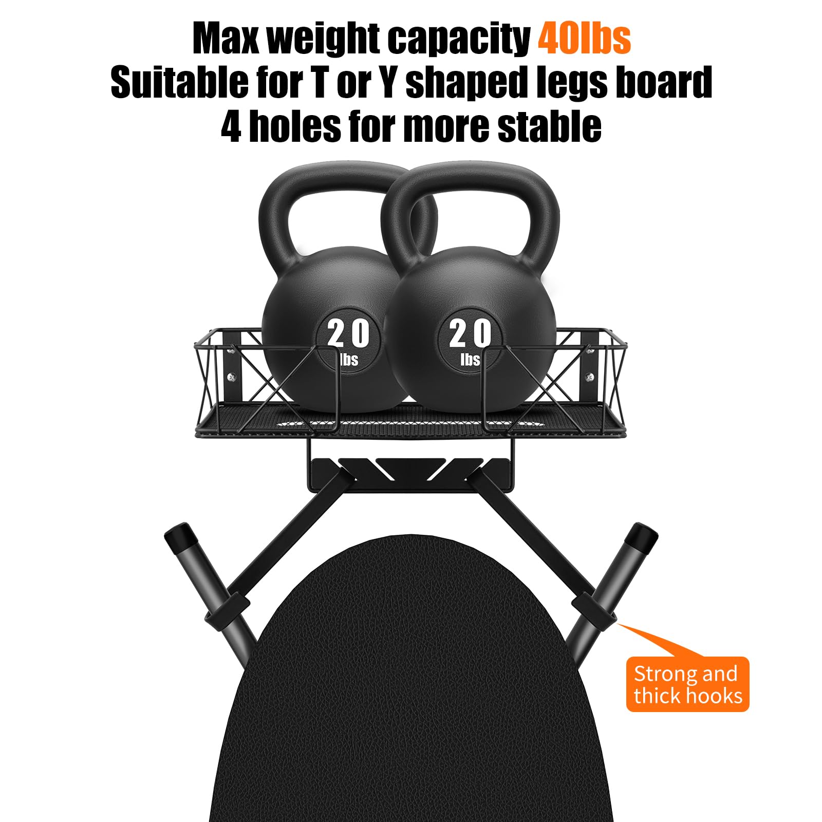 Ironing Board Hanger Wall Mount, Ironing Board Holder, Laundry Room Decor Organization and Storage with Large Storage Grid Base Basket and Removable Hooks(T&V Shaped) for Laundry/Living Room/Bathroom