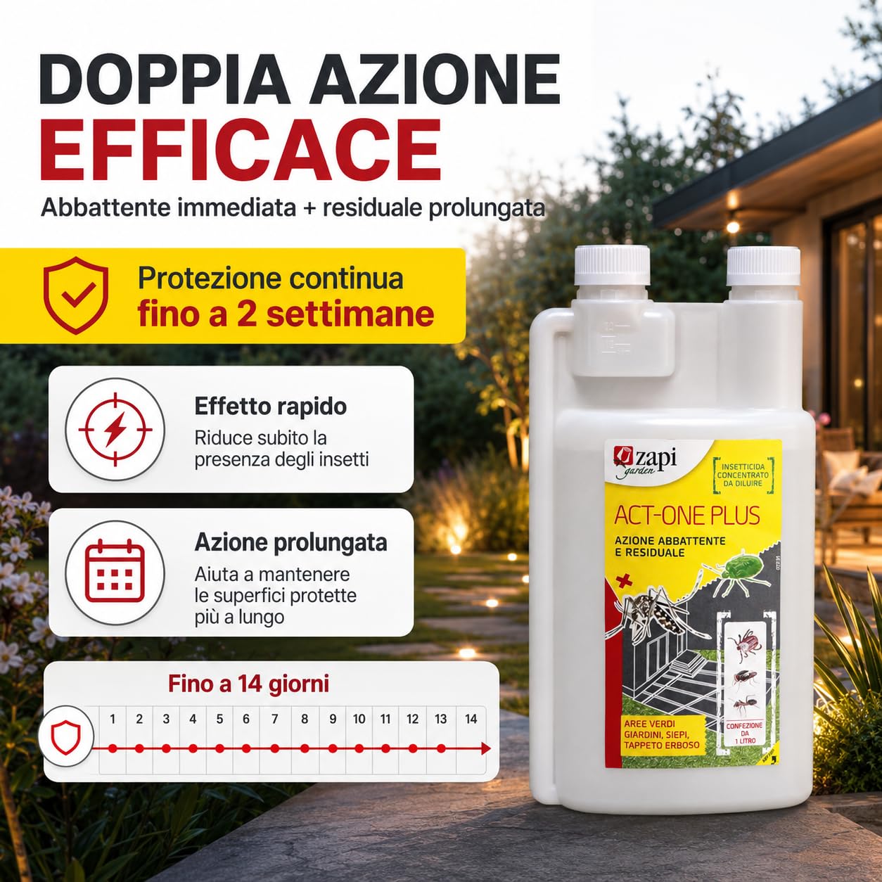 ACT-ONE PLUS Insetticida Concentrato 1 Litro - Zanzare e Insetti | Azione Abbattente e Residuale Fino a 2 Settimane - Per Aree Verdi e Ambienti Domestici - Anti Zanzare Tigre e Mosche