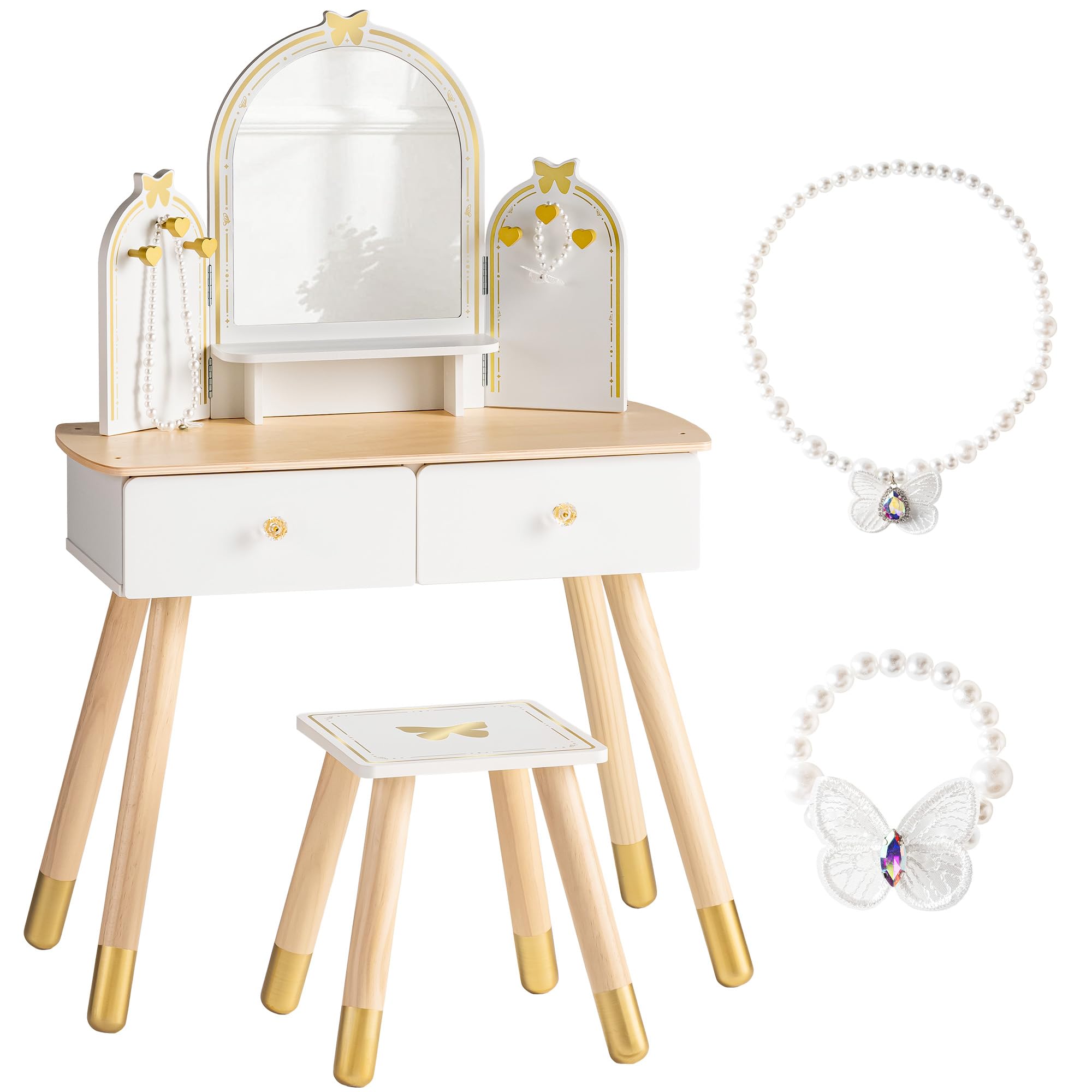 ROBUD Kinder Schminktisch mit Hocker: Mädchen kinderschminktisch mit Spiegel, Rollenspiel Schminktisch für Kinder, Frisiertisch mit Schublade und Zubehör für Kinderschminke, ab 3 Jahren （Weiß-golden）