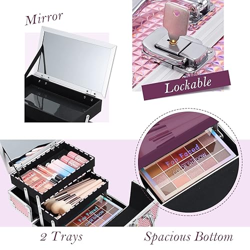 Miniatura 5 de FRENESSA Estuche de maquillaje para maquillaje, organizador portátil para cosméticos, estuche de viaje con bloqueo de espejo, organizador y