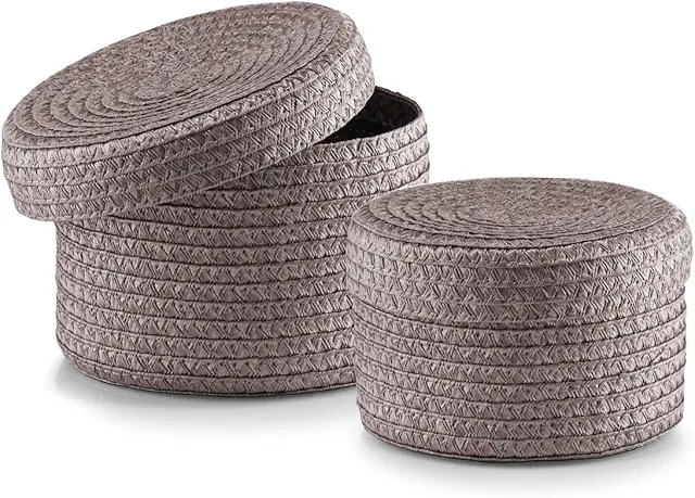 Juego de 2 Cestas de Mimbre con Tapa Redondas, Plástico Gris, 17.5x17.5x12.5 cm