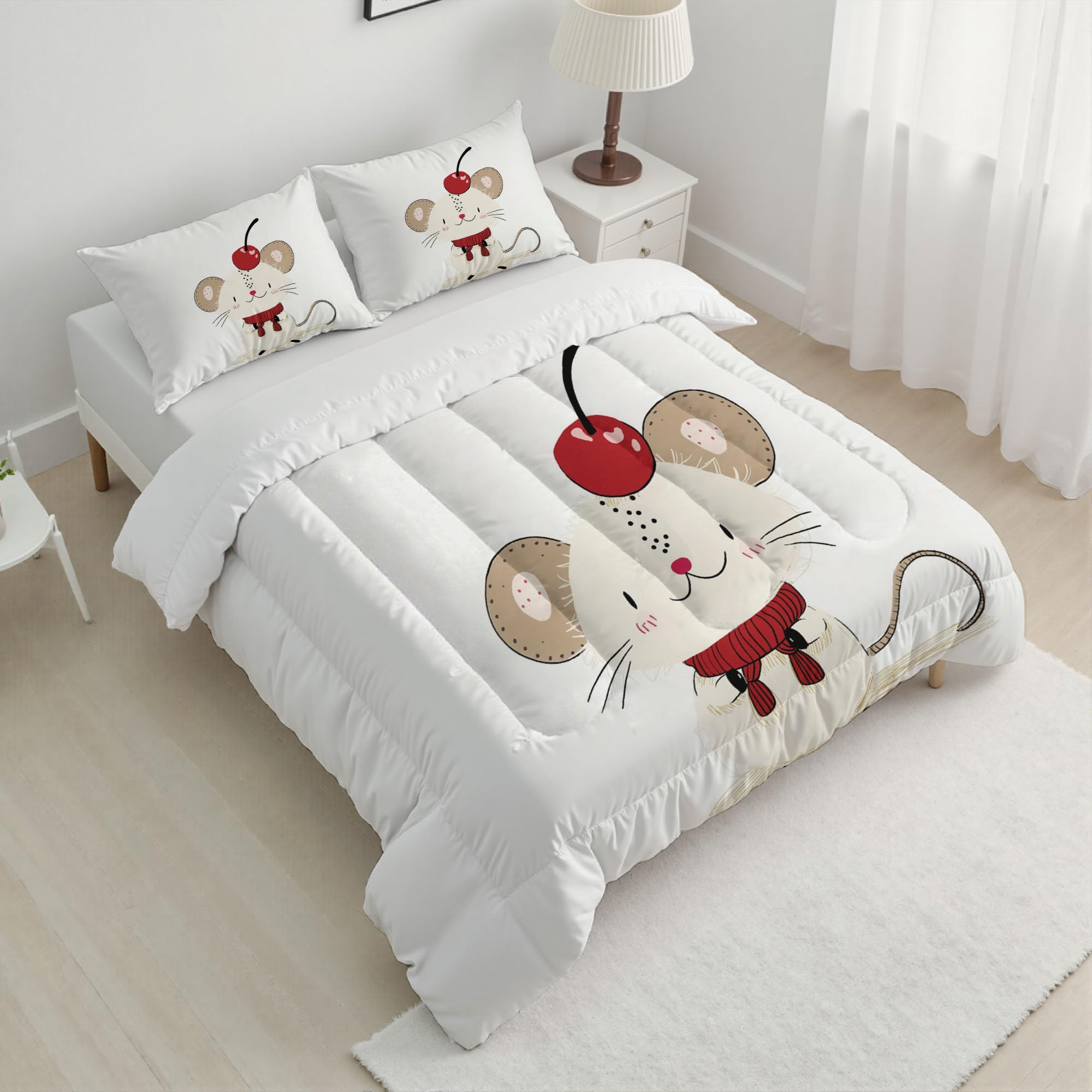 Trapunta Invernale in Ecopiuma, 260x230cm Set Piumone Stile Del Libro Per Bambini Imbottita 200 gr/mq Caldo e Morbido Piumino Trapuntato Mouse Semplice Coperta Letto Reversibile per 4 Stagioni, Bianco