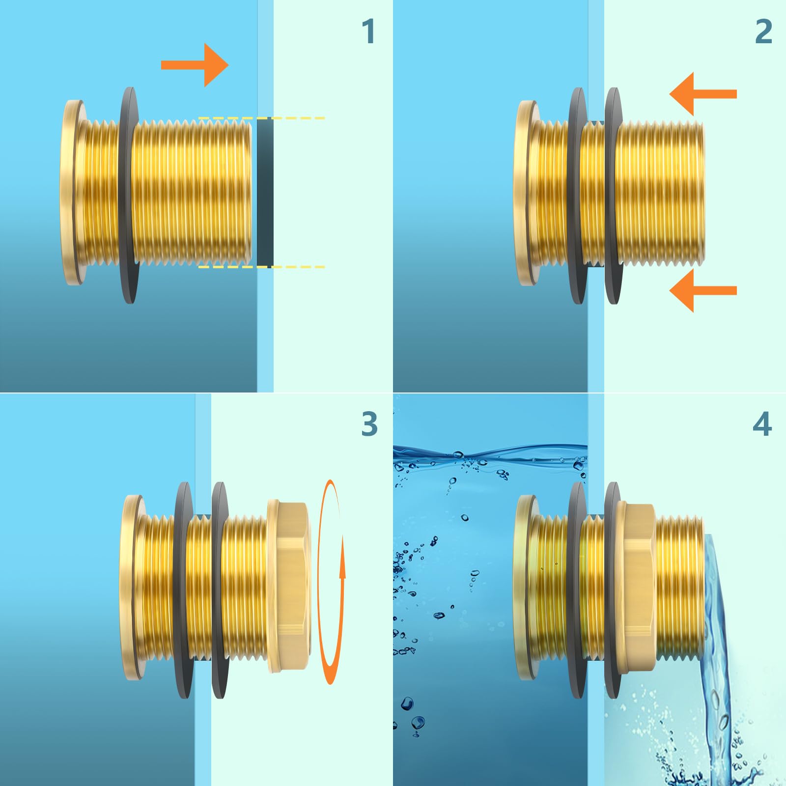 GASHER 2 Pezzi Ottone 1-1/4" Femmina 1-1/2" Maschio BSP Bulkhead Tank Connector Adattatore con Anello in Gomma