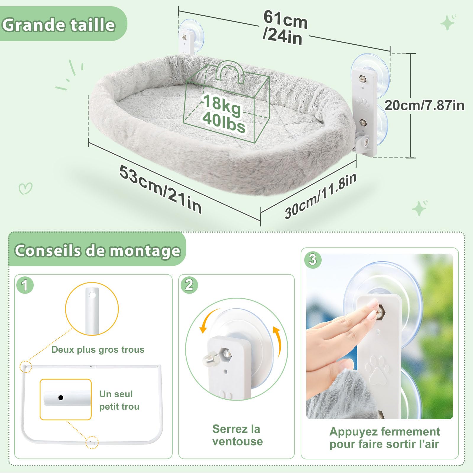 GUUSII HOME 2PCS Hamac Chat Fenetre Perchoir Lit Fenêtre Panier Suspendu Etagere pour Grande Chats Pliable Transat Facile à Monter avec Ventouse Puissante Tapis Réversible 53*30cm Jusqu'à 18kg(Gris)