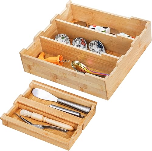 Miniatura 4 de Okllen Organizador de cajones de cocina de bambú, bandeja organizadora apilable de 2 niveles, organizador de cubiertos para armario de cocina,