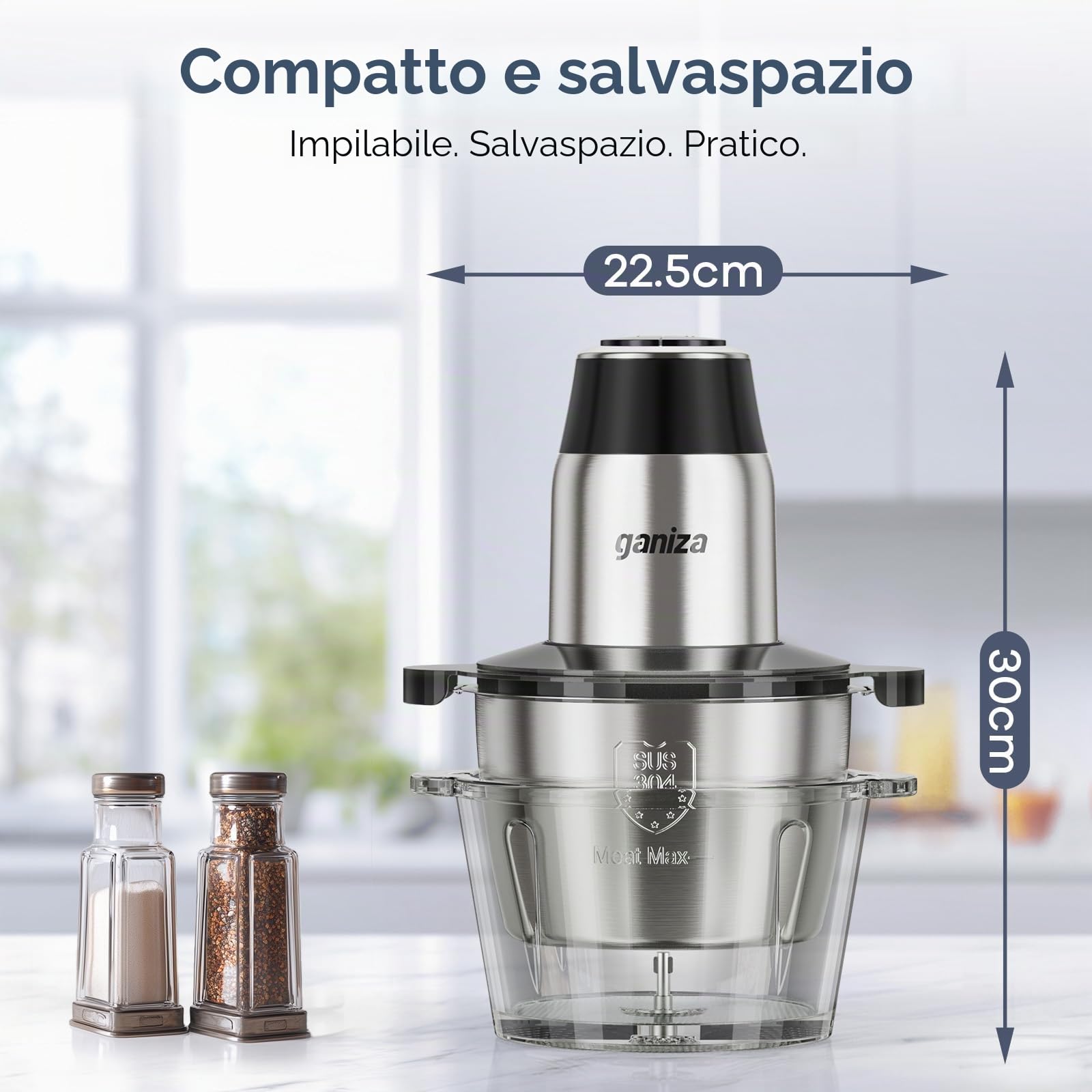 Ganiza Tritatutto elettrico da cucina 500 W, robot tritatutto con 2 ciotole da 1,8 l + 1,8 l, 2 doppie lame, 2 velocità, mini tritatutto elettrico per carne, verdure, noci