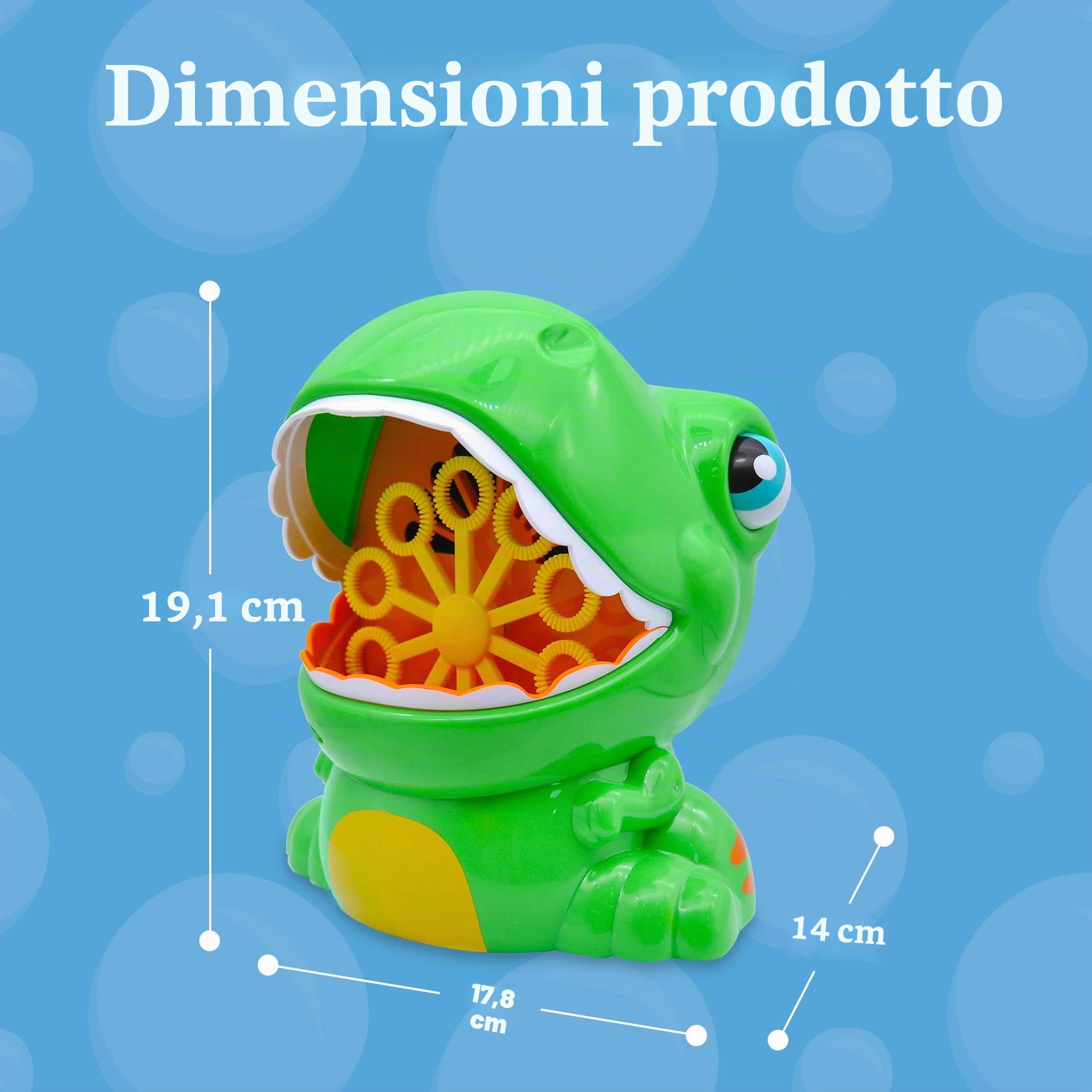 JOYIN Macchina per bolle verde a forma dinosauro (con 2 soluzioni di bolle) 1000+ bolle al minuto Soffiatore di bolle per bambini Feste gioia d'estate Compleanno Attività all'aperto e al coperto