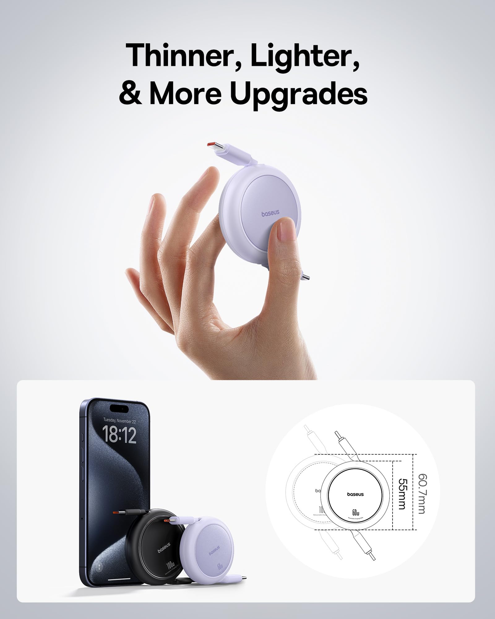 Baseus Cavo da USB C a USB C, arrotolabile, 60 W, 1 m, mini retrattile, cavo di ricarica veloce, USB C per iPhone 16, 15, 14 Pro, Samsung Galaxy S25, S24 Ultra, MacBook, iPad Pro, portatile, facile da