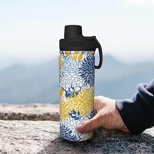Miniatura 6 de Botella de agua deportiva floral azul amarillo aislado de acero inoxidable, botella de agua de 18 onzas para fitness, deportes al aire libre,