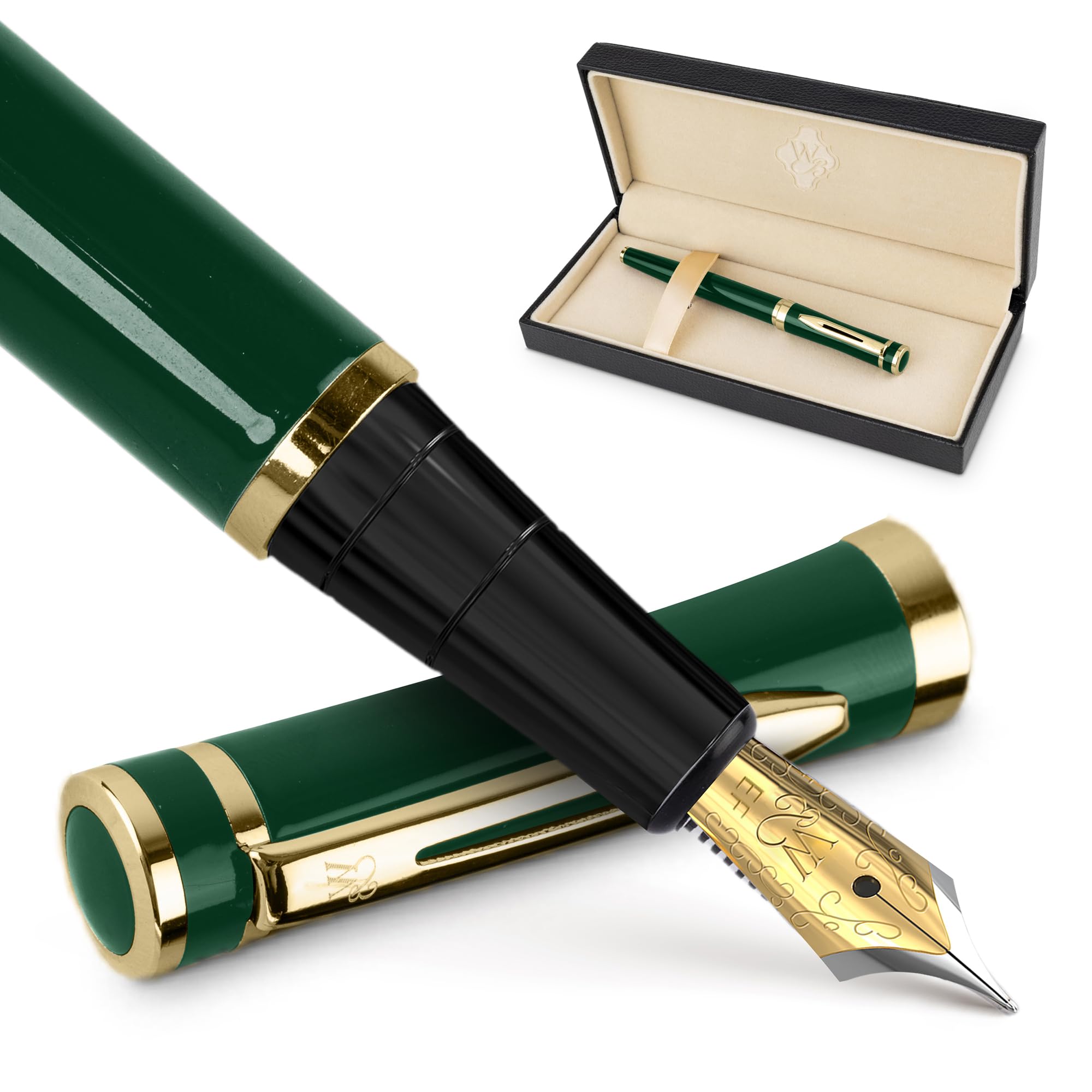 Wordsworth & Black Fountain Pen Set, 18K Glided Extra Fine Nib, Includes 24 Pack Ink Cartridges, Ink Refill Converter & Gift Box, Gold Finish, Calligraphy, [Racing Green], Perfect for Men & Women : Of