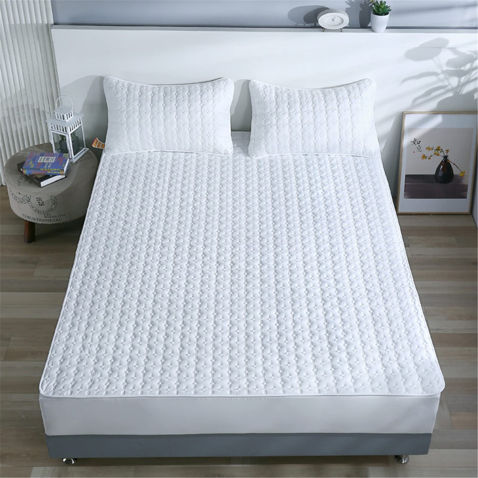 Protector Colchón, Protector de colchón Acolchado con Triple Relleno, Funda Colchon de Rizo Transpirable y Hipoalergénico, Antiácaros (Blanco,Thin 200x220cm)
