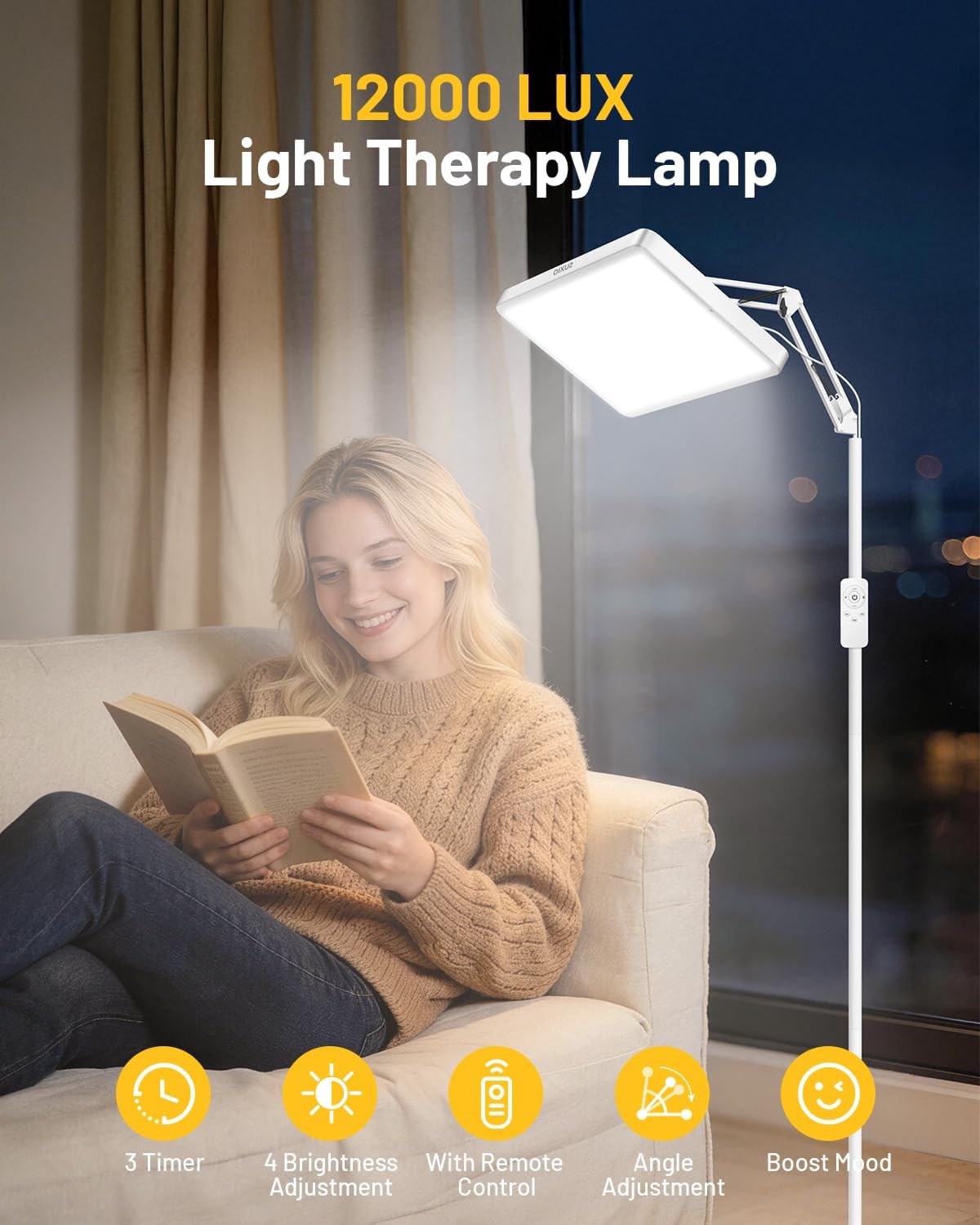 SUXIO Light Therapy Lamp - 12000 LUX Therapy Lights, Happy Lamp with Remote, Light Box Therapy with 3 Timer & 4 Brightness, LED UV-Free Daylight Lamp Perfect for Home