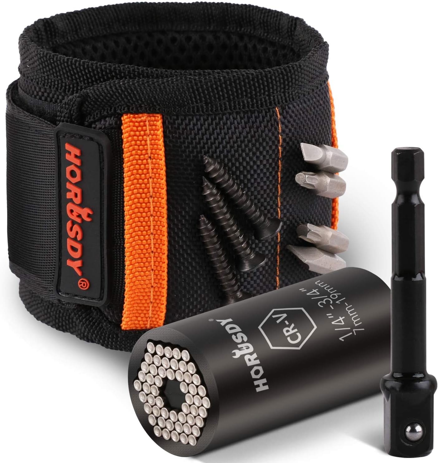 HORUSDY Magnetic Wristband & Universal Socket Grip (7–19mm), Stocking Stuffers Gifts for Dad with Strong Magnets for Holding Screws, Nails, Drilling Bits, DIY, Christmas Tool Gift for Men