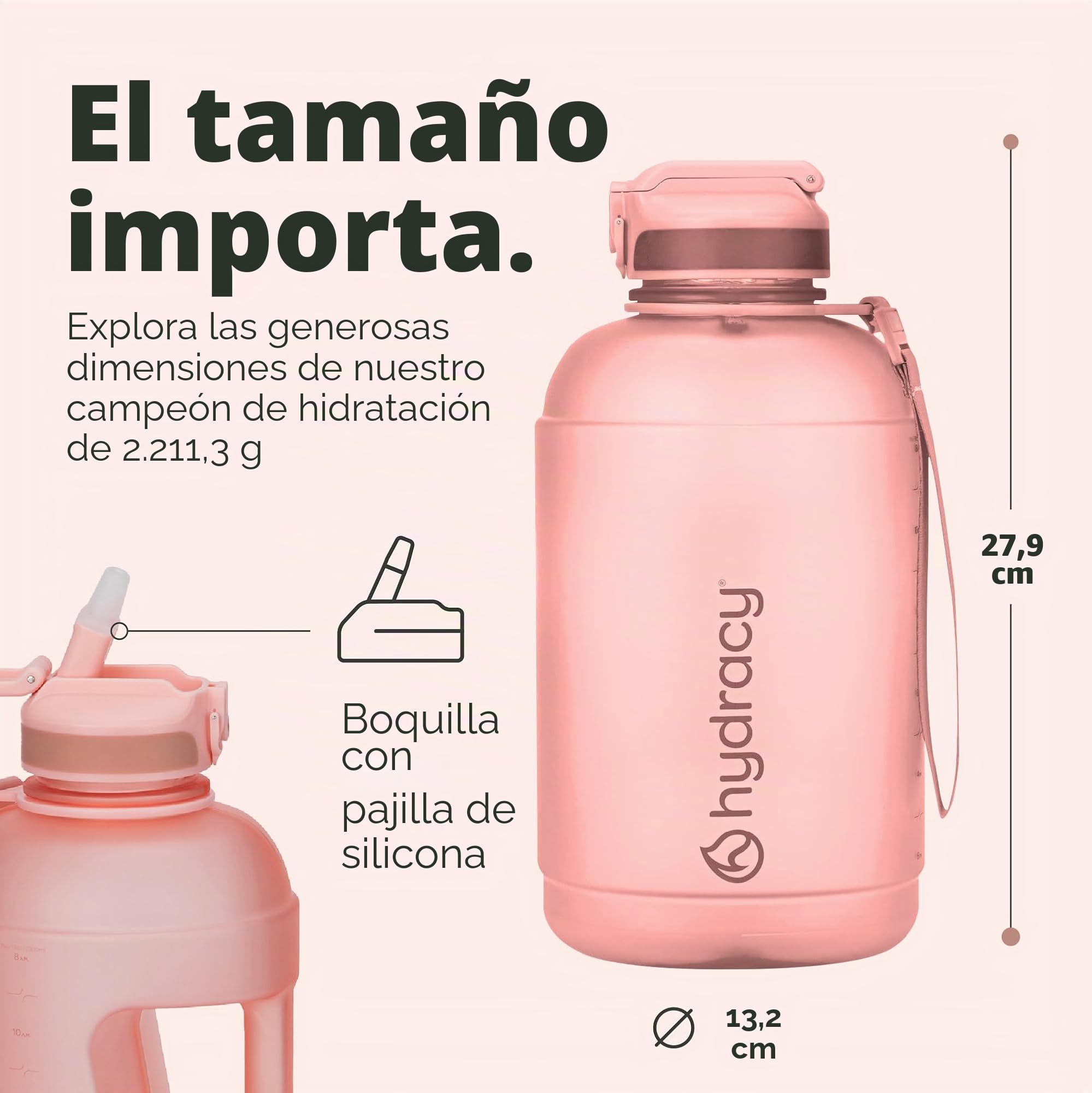 Hydracy Botella de Agua con Funda de Almacenamiento - 2.3 L Botella de Agua Grande con Marcas de Tiempo, sin BPA - Botella de Agua Deportiva Antifugas con Pajita