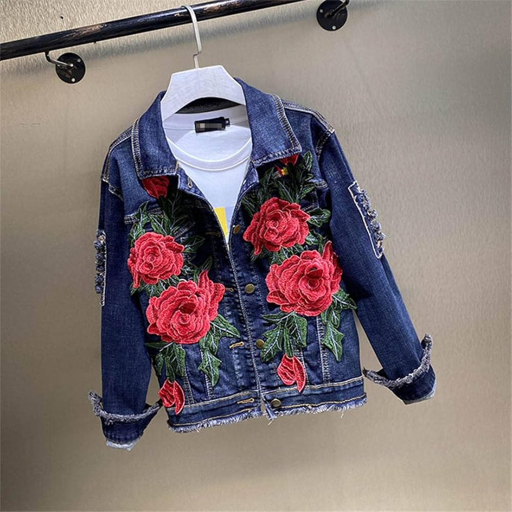 Amazon.com: Women's Embroidery Red Rose Short Denim Jacket