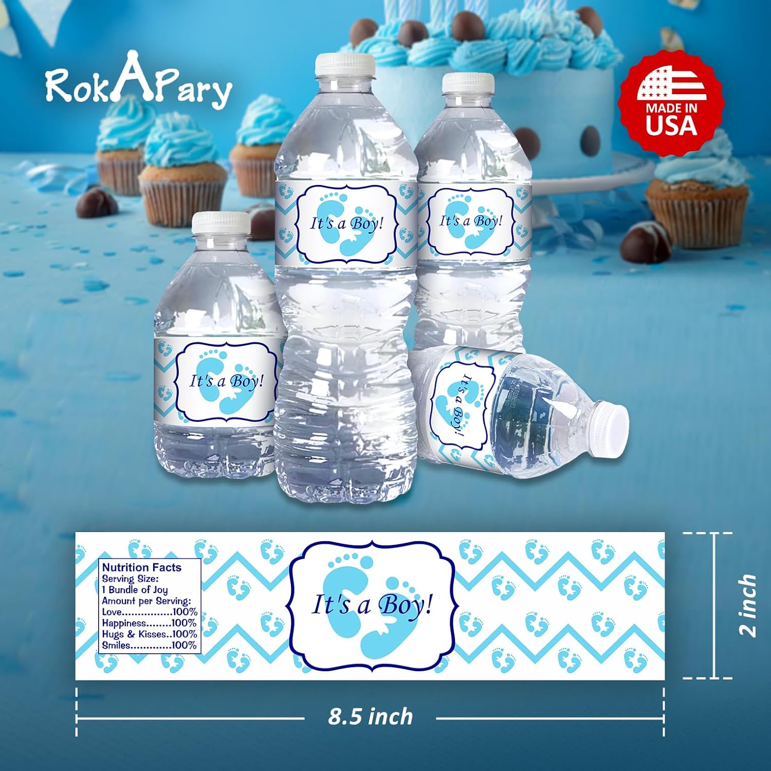 25 Its a Boy Blue Footprints Baby Shower Party Water Bottle Labels; Waterproof Wrappers; Blue Foot Prints Water Bottle Stickers Labels Decorations (Its a Boy) Made in USA image 5