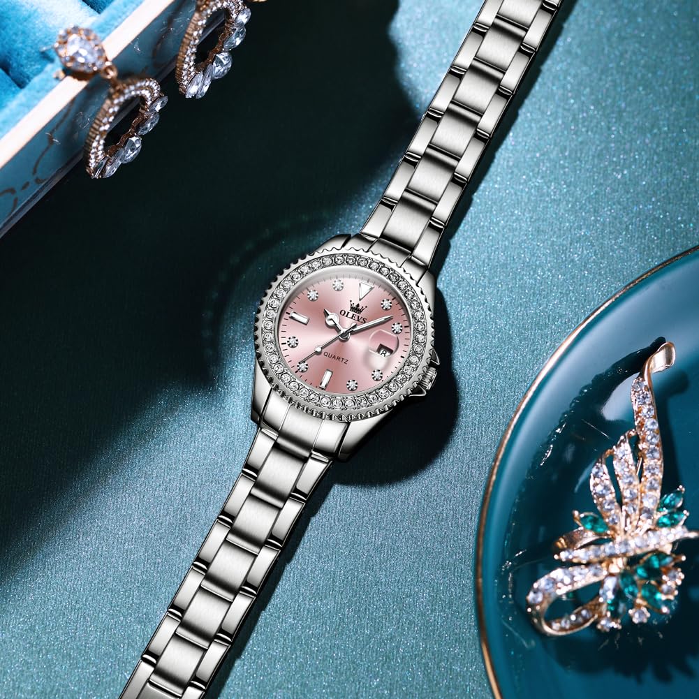 OLEVS Damen-Armbanduhr, Diamantkleid, Quarz, analog, weibliche Uhren, Edelstahl, zweifarbig, wasserdicht, leuchtend, Tag und Datum, Geschenk