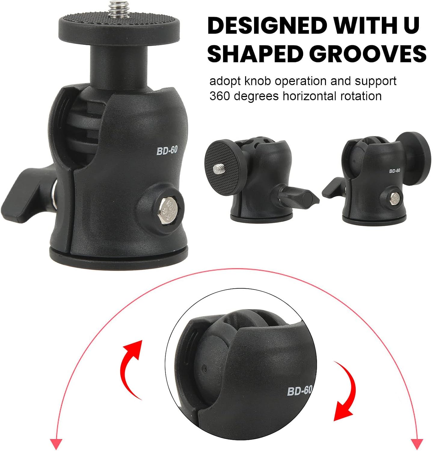 Rotatable Tripod Head Ball Head Adapter, ABS Material, 360 Degree Rotation, 1 / 4in Screw Hole - Strong Durability, U Shaped Groove, Geared for Photography and Video
