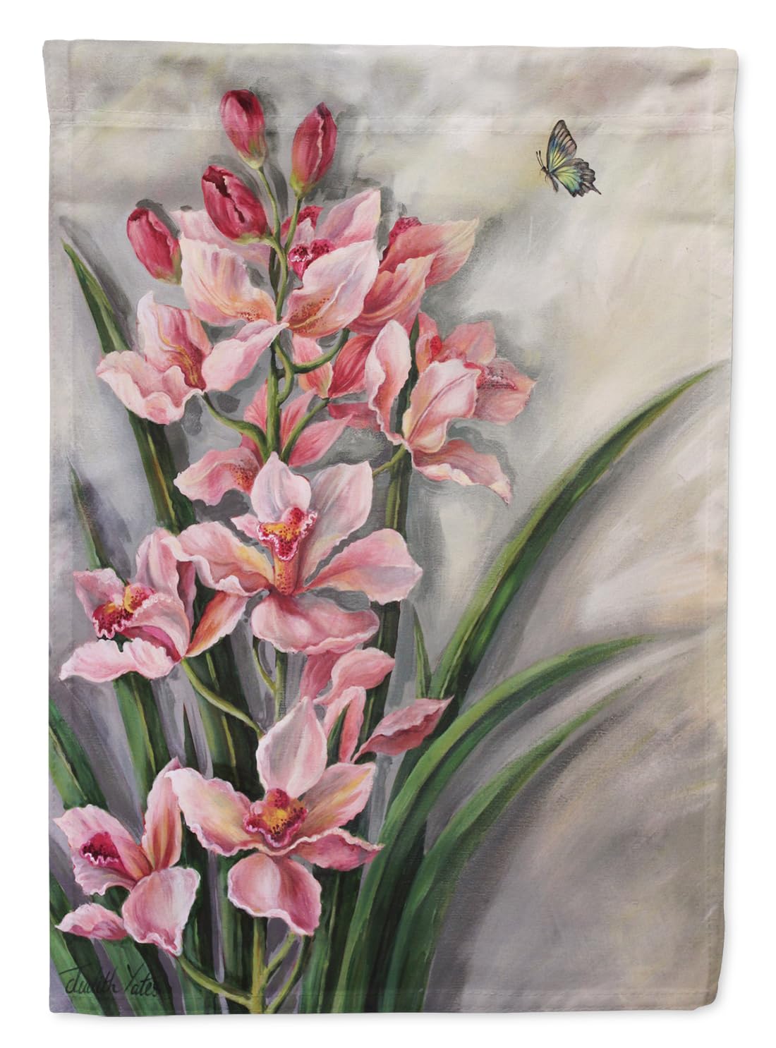 Drapeau de jardin orchidées par Judith Yates, une œuvre textile durable