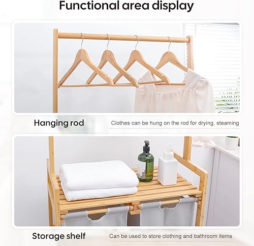 Miniatura 3 de Homde Cesta de lavandería, carrito clasificador de ropa de bambú con barra para colgar ropa, cesta de lavandería de 2 secciones con ruedas, bolsas